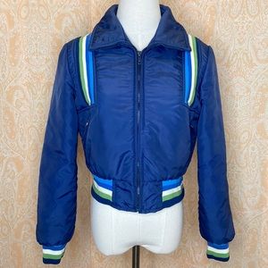 Vintage 70’s blue puffer jacket with blue and green accent  stripes Peter Frank